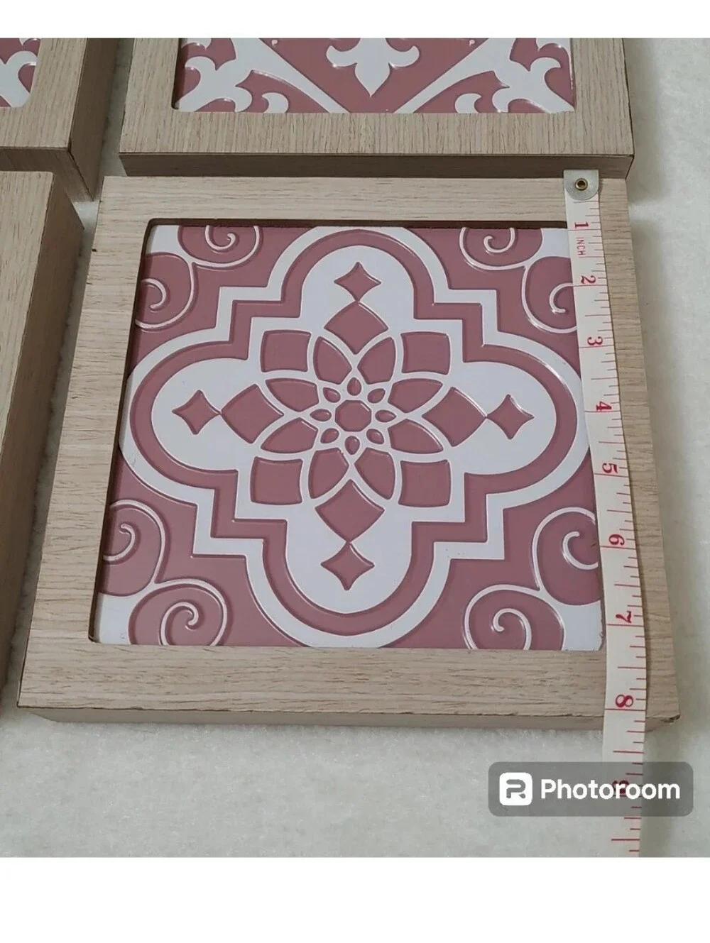 Set of 4 Pink White 8x8 Framed Wall Art Metal Tile Square Plaque Coquette Decor